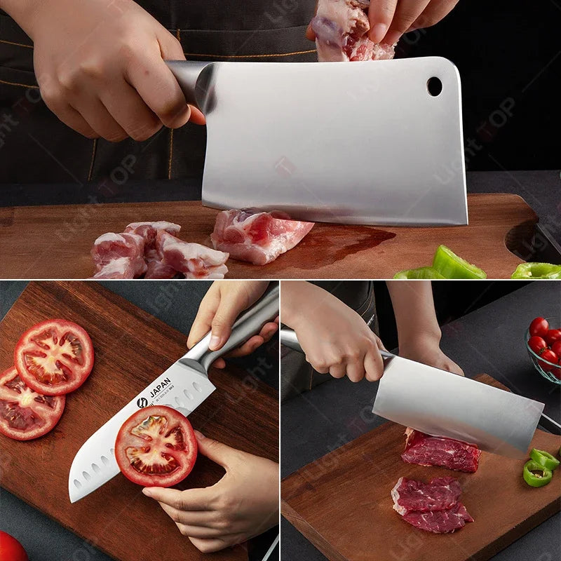 Professional Kitchen Knives Chef Chopping Knife Hollow Handle Meat Vegetable Slicing Knife Solid Wood Magnetic Knife Block