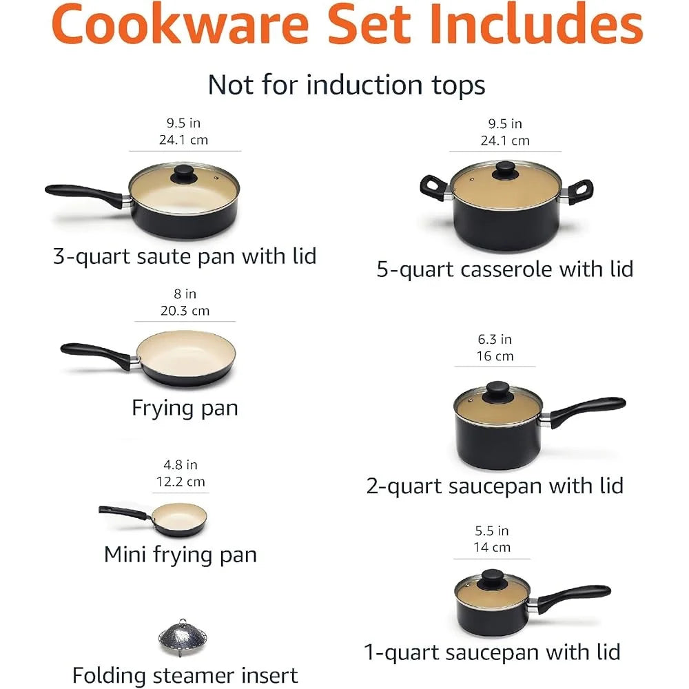 Ceramic Nonstick Cookware Set 11-Piece PFOA PTFE Free Healthy Cooking Pots Pans Aluminium Body with Glass Lids Dishwasher Safe