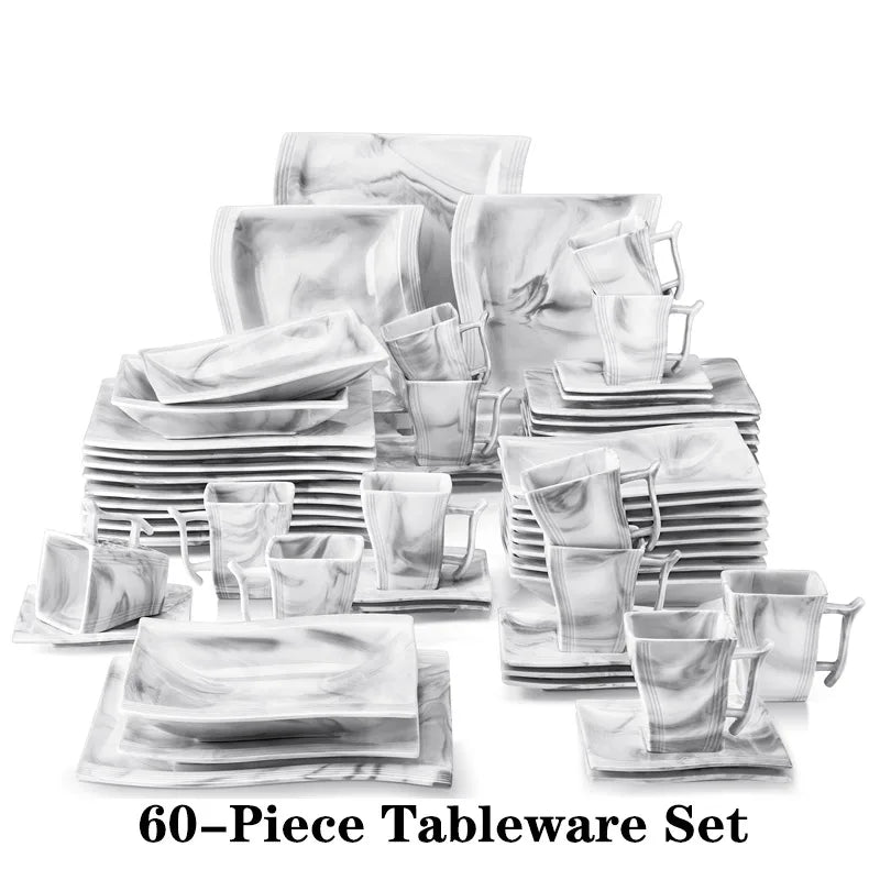 MALACASA FLORA 30/60PCS Marble Porcelain Dinnerware Set with 12*Dinner Plate,Dessert Plate,Soup Plate,Cups&Saucers Tableware Set