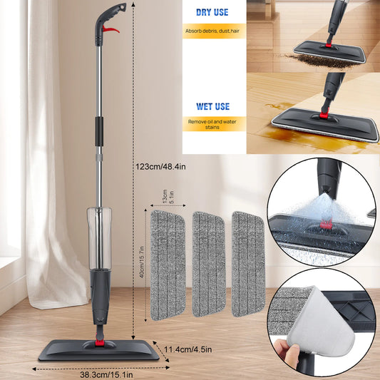 Spray Mop Broom Set Magic Flat Mops for Floor Home Cleaning Household Tool with Reusable Microfiber Pads 360° Rotating, 700ml