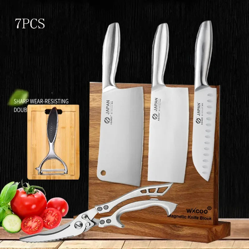 Professional Kitchen Knives Chef Chopping Knife Hollow Handle Meat Vegetable Slicing Knife Solid Wood Magnetic Knife Block