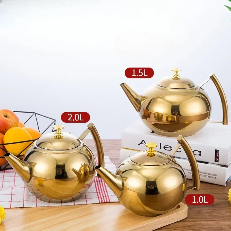 Thickened Stainless Steel 1-2L Teapot Flower Tea Kettle with Strainer Hotel Restaurant Restaurant Cook Teapot Induction Cooker