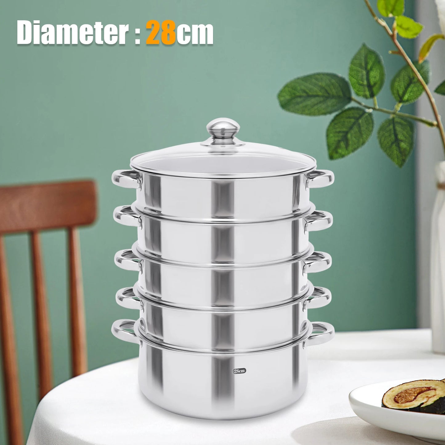 5 Tier Stainless Steel Steam Cooker Steamer Set Pan Cook Pot with Glass Lid