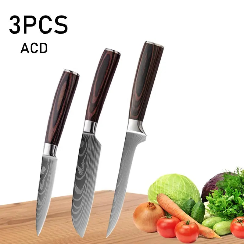 WXCOO Chef Knife Japanese Kitchen Knives Set Professional Laser Damascus Pattern Stainless Steel Meat Cleaver Slicer Knife