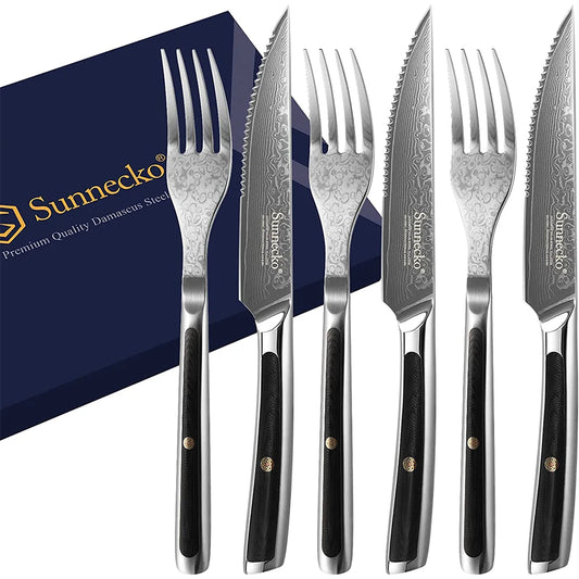 Sunnecko Forks and Steak Knives Set 73 Layers VG10 Damascus Steel Table Meat Slicing Knife Ultra Sharp Tableware Cutlery Tools