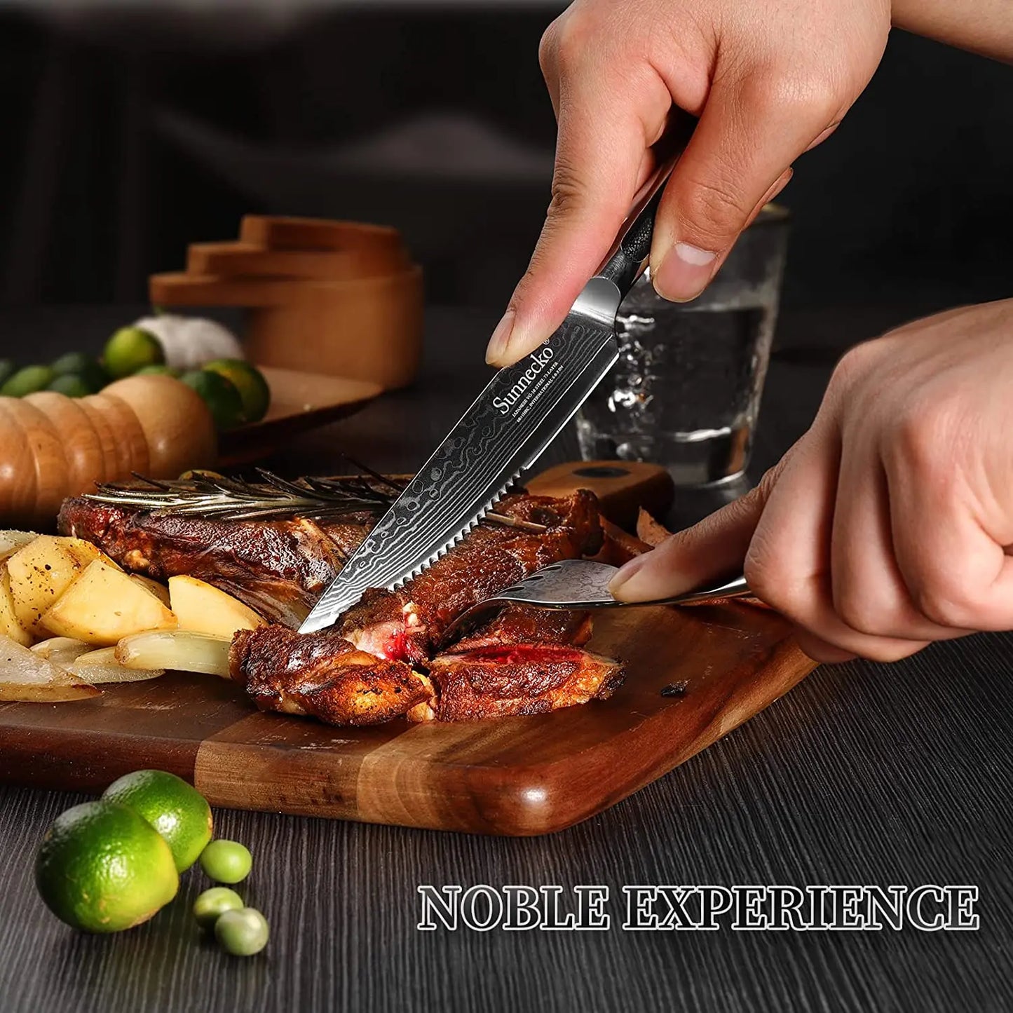 Sunnecko Forks and Steak Knives Set 73 Layers VG10 Damascus Steel Table Meat Slicing Knife Ultra Sharp Tableware Cutlery Tools