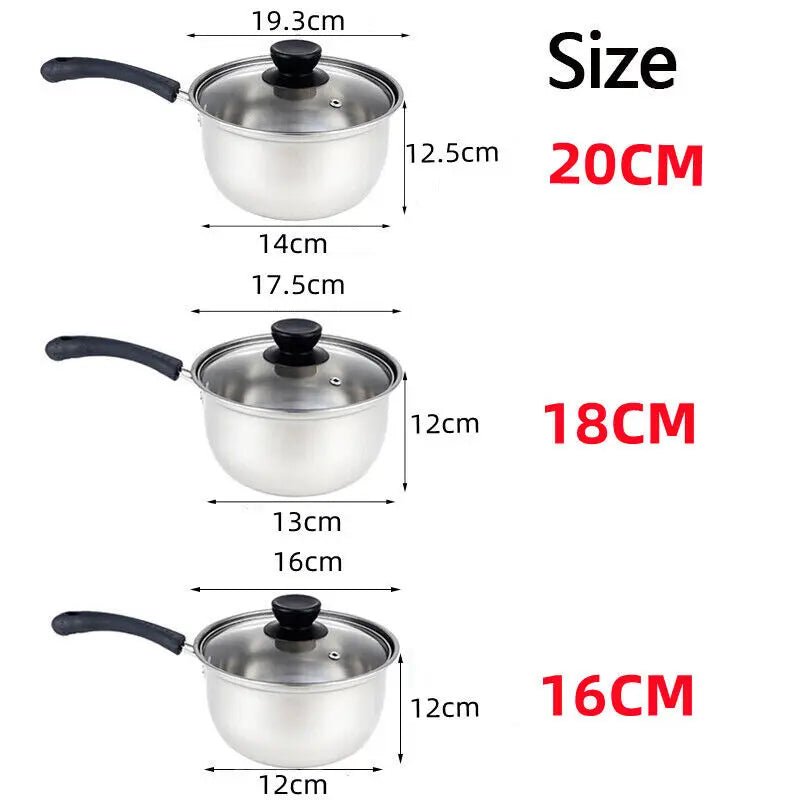 Set of 3 Induction Non Stick Stainless Steel Cookware Kitchen Glass Lids Pot Pan