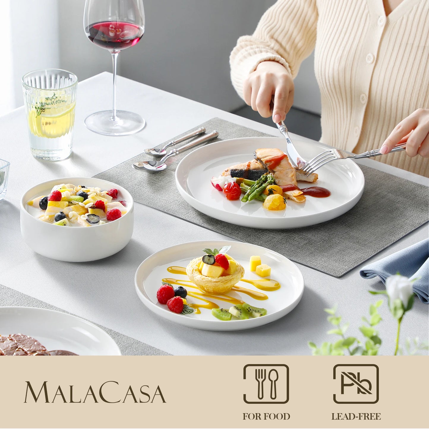 MALACASA 18/36-Piece Ceramic Plate Porcelain Dinnerware Set with 6/12 Pcs Dinner/Dessert Plates,Bowl Tableware Set for 6/12