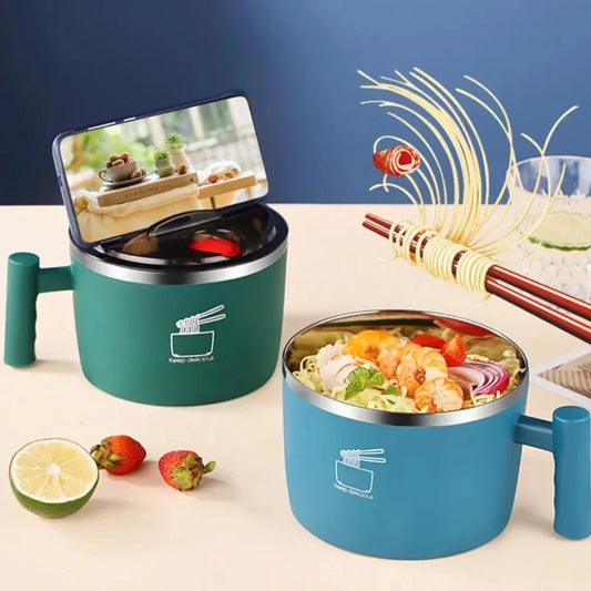 1000 ml Stainless Steel Noodle Bowl with Lid & Handle Ramen Bowl Instant Bowl for Outdoor Activity Picnic Office home