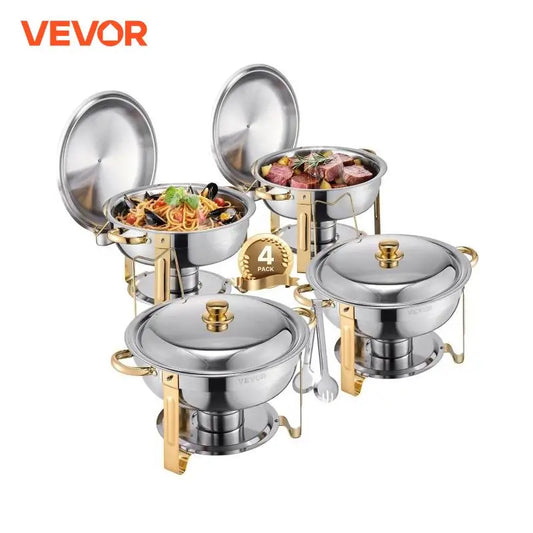 VEVOR 4 Pack Chafing Dish Buffet Set Stainless Steel Chafer with 4 Full Size Pan Round Catering Warmer Server for Party Banquets