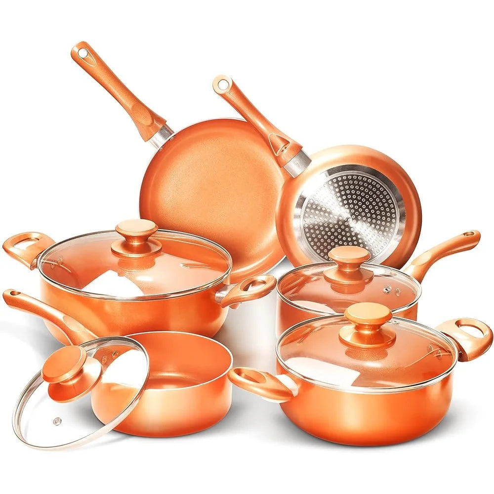 10pcs Nonstick Cookware Set Ceramic Frying Pans Soup Pots Induction Compatible Aluminum Kitchenware Set with Lids Bakelite