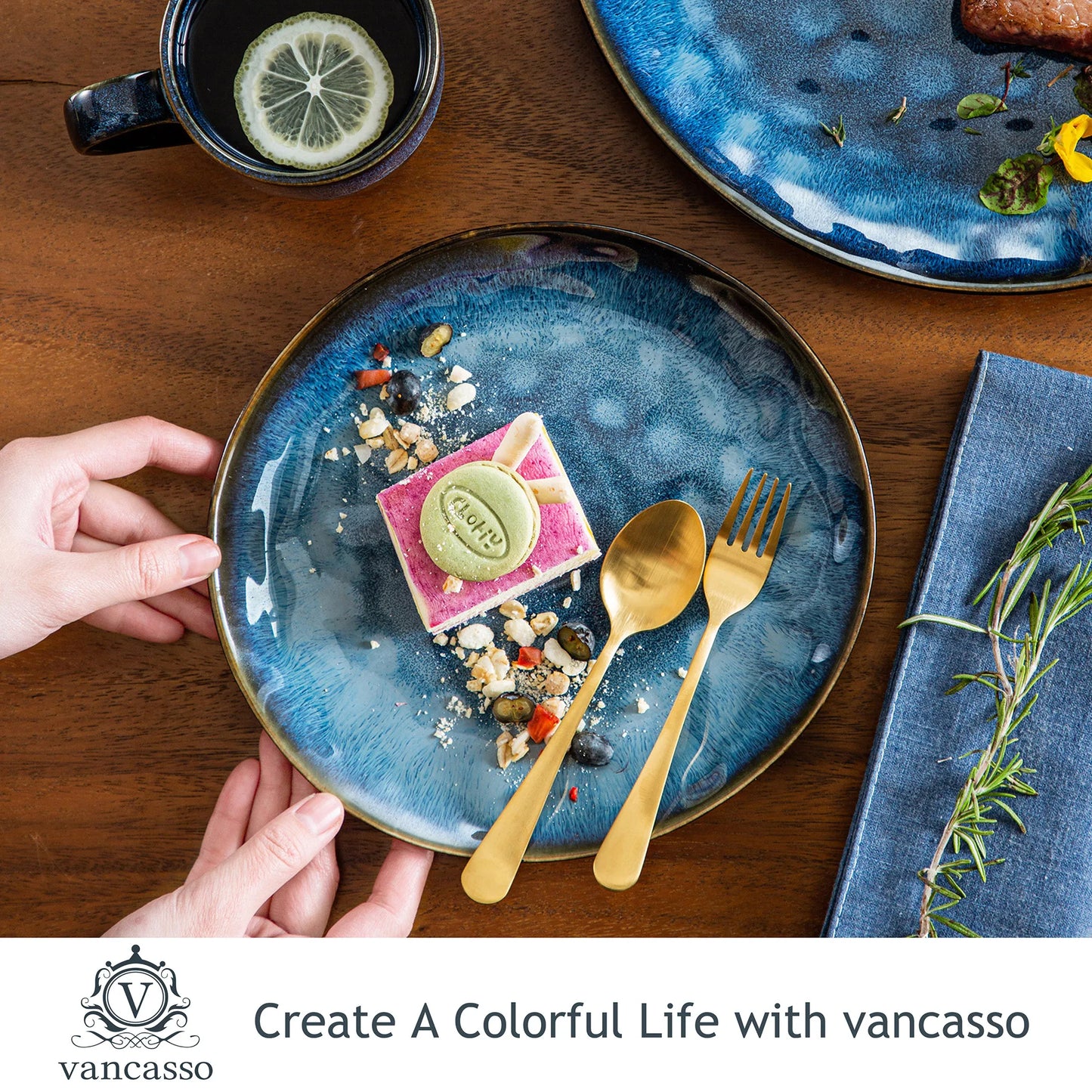 VANCASSO 16/32/48-Piece Starry Blue Dinner Set,Kiln Change Glaze Tableware Dinner Set with Dinner Plate,Dessert Plate,Bowl,Mug