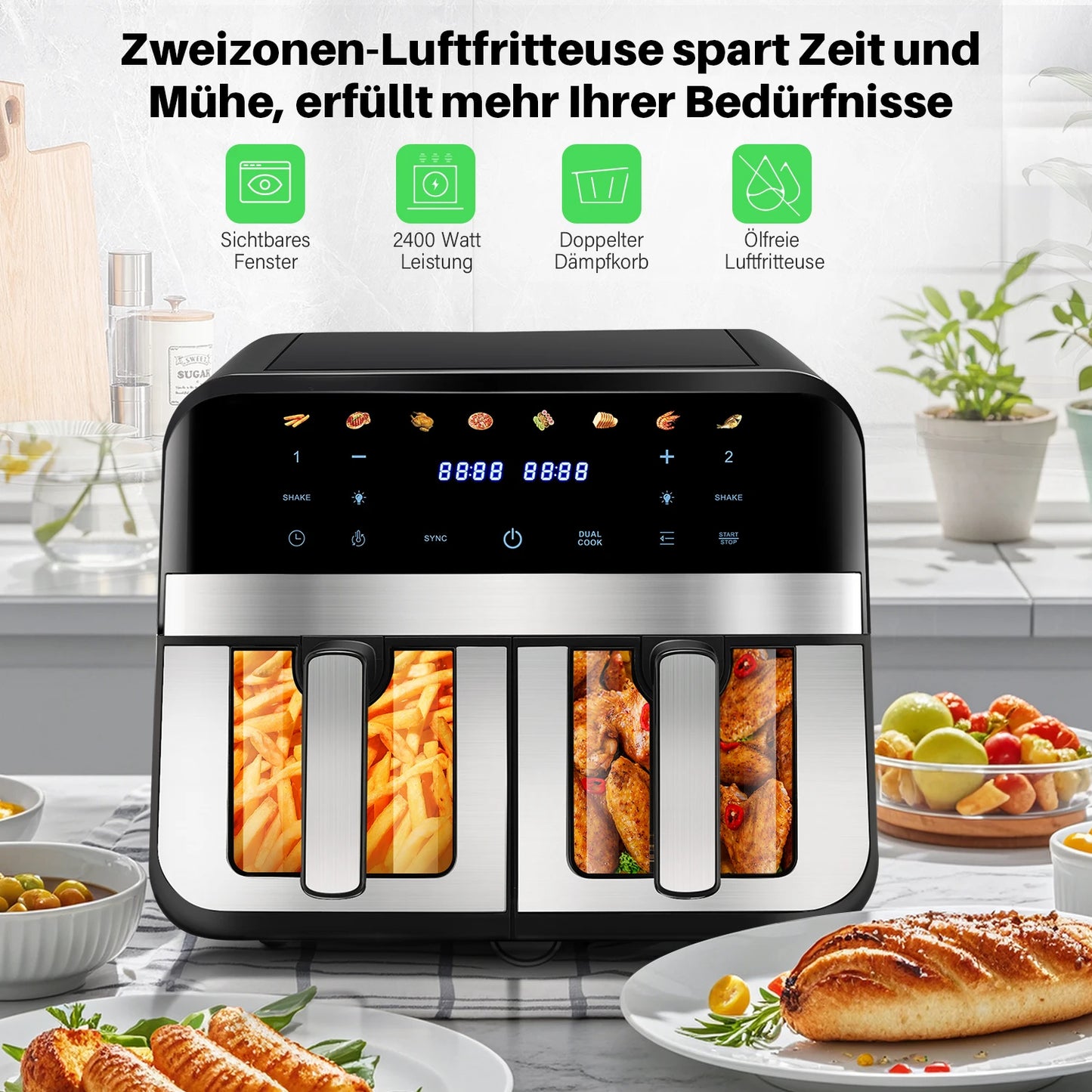 Double Basket Air Fryer 9L XXL 2400W 8 Modes Healthy Oil-Free Frying&Baking Oven 8-in-1 Air Fryer NEW