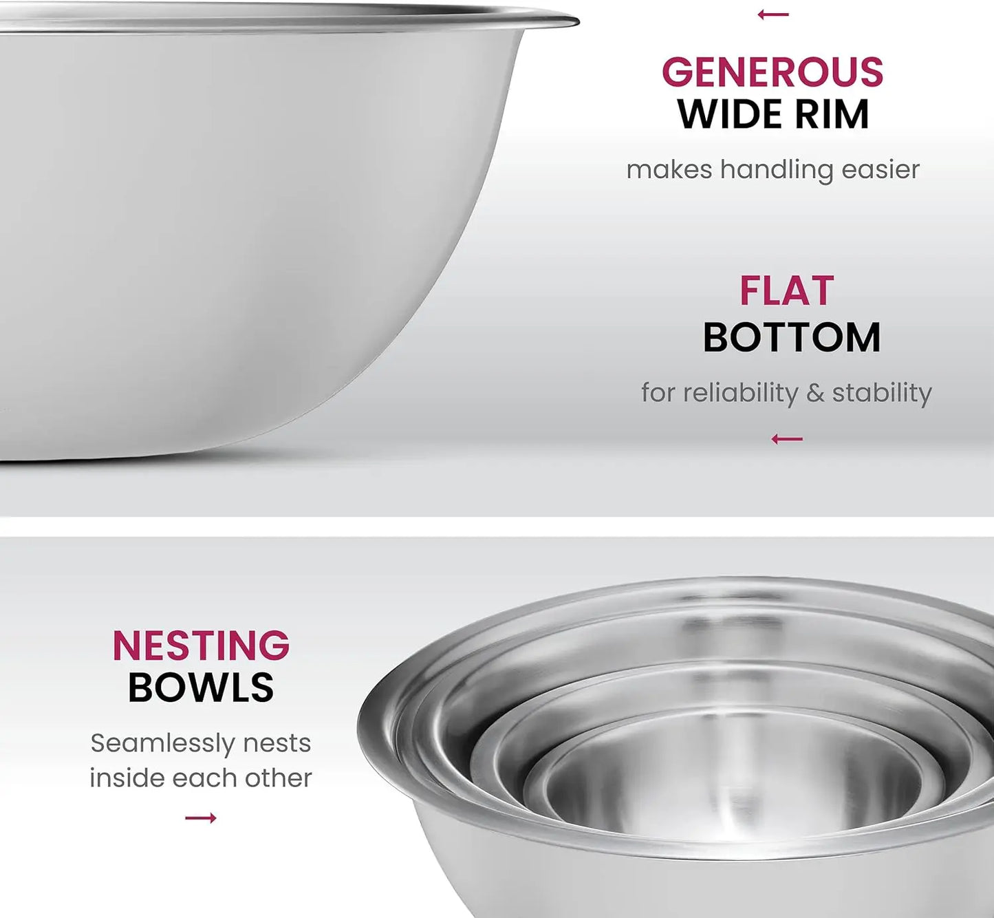 FineDine Stainless Steel Mixing Bowls (Set of 5) Stainless Steel Mixing Bowl Set - Easy To Clean, Nesting Bowls