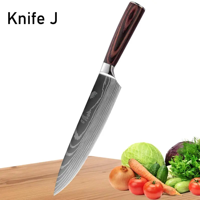 WXCOO Chef Knife Japanese Kitchen Knives Set Professional Laser Damascus Pattern Stainless Steel Meat Cleaver Slicer Knife