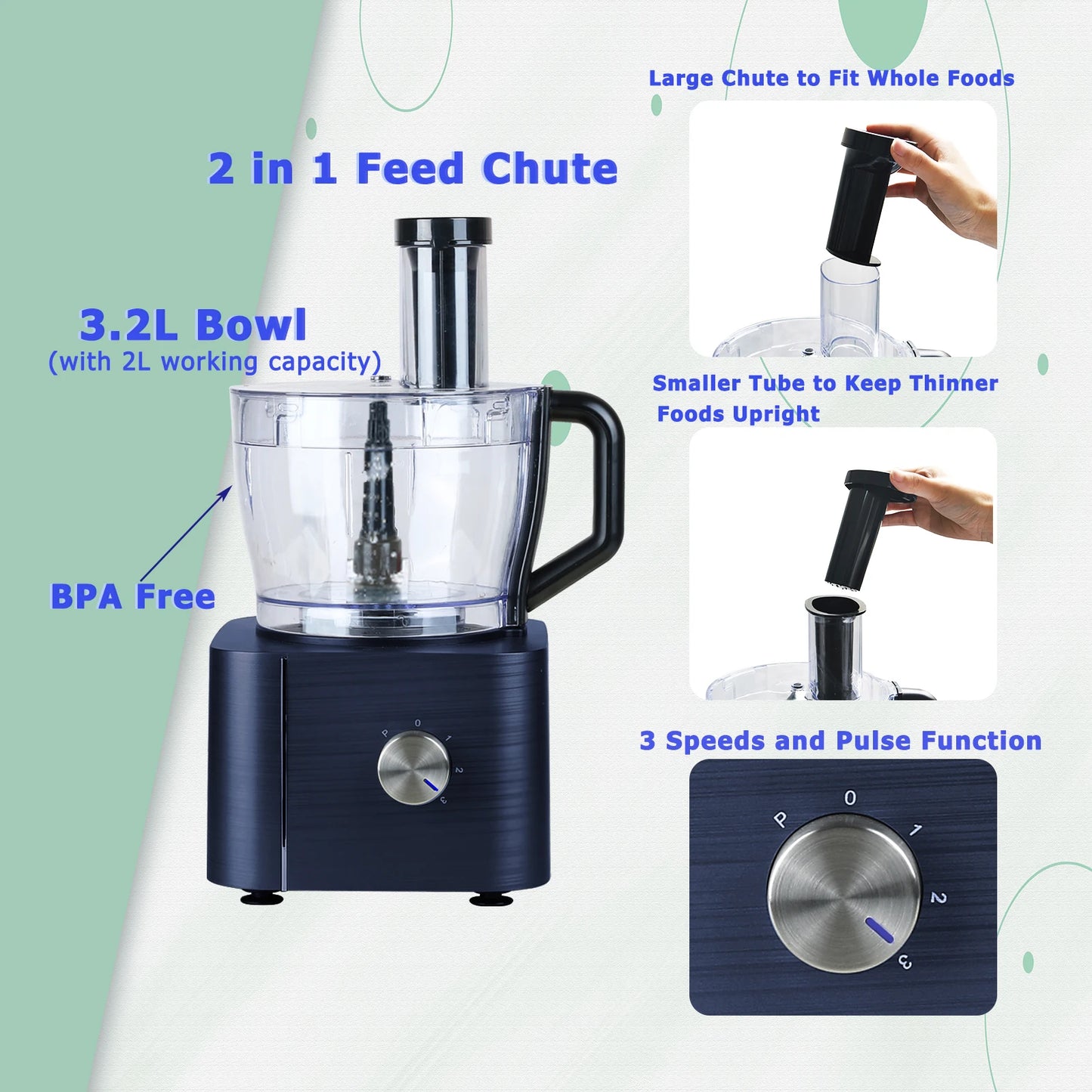 11-in-1Multifunctional Food Processor 1100W 3 Speed+Pulse Large Capacity Easy Clean BPA-Free Blender for Ice Smoothies Nuts Blue
