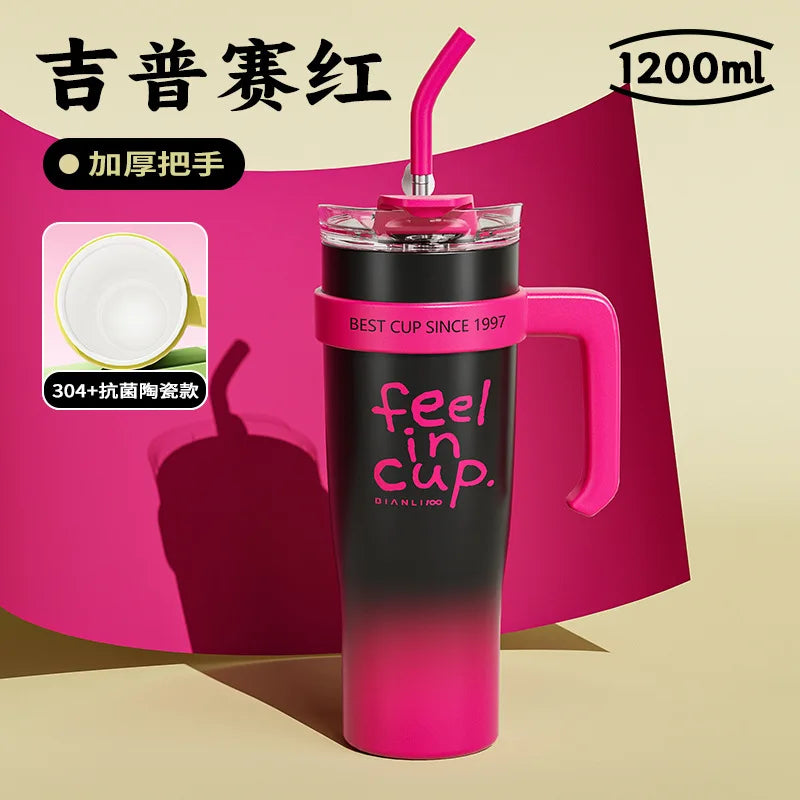 1200ml Ice Cup High quality Thermos cup with straw and handle Large capacity double cup heat preservation