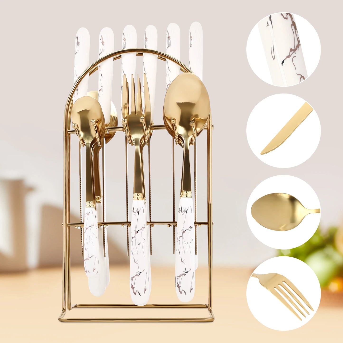 Stainless steel western tableware marble ceramic handle steak knife fork spoon tea spoon 24-piece storage rack set
