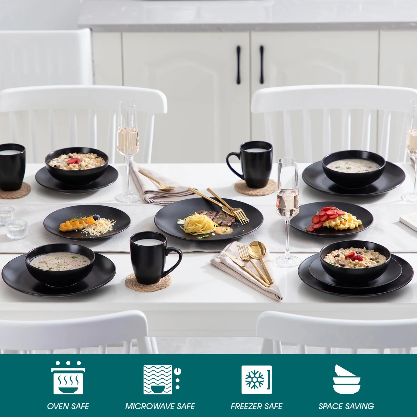 vancasso 16/32 Piece Matte Pottery Dinner Set Black Stoneware Tableware Set with 4PCS Dinner Plate,Dessert Plate,Bowls,Cups