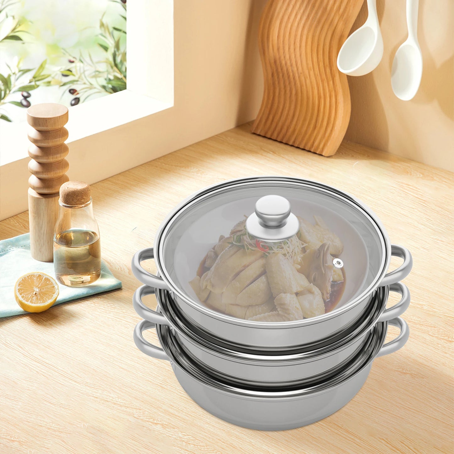 3 Tier Stainless Steel Steamer Hot Pot Cooker Steam Pot Food Cooking + Glass Lid