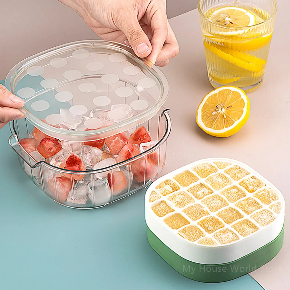 Silicone Ice Cube Tray Mould With Lid Press-Type Double Layer Ice Cube Molds Ice Maker Kitchen Household Tools Ice Storage Box