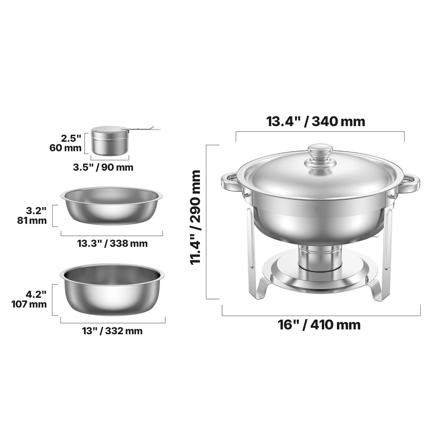 VEVOR 2 Pack 5QT Chafing Dish Buffet Set Stainless Steel Chafer with 2 Full Size Pans Round Catering Warmer Server Lid Water Pan