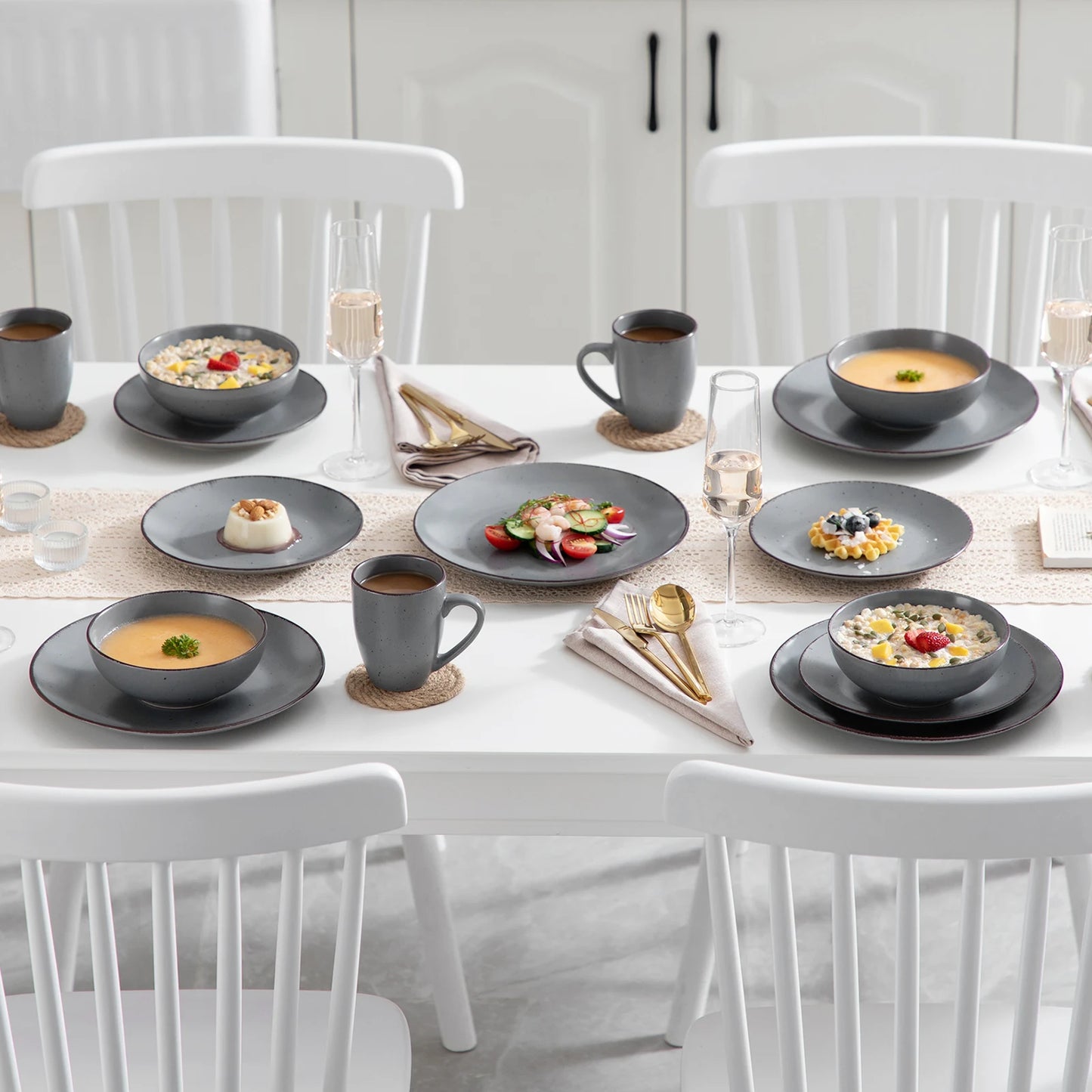 VANCASSO MODA Series 16/32/48 Piece Pottery Dinner Set Grey Stoneware Tableware Set with Dinner Plate,Dessert Plate,Bowls,Cups