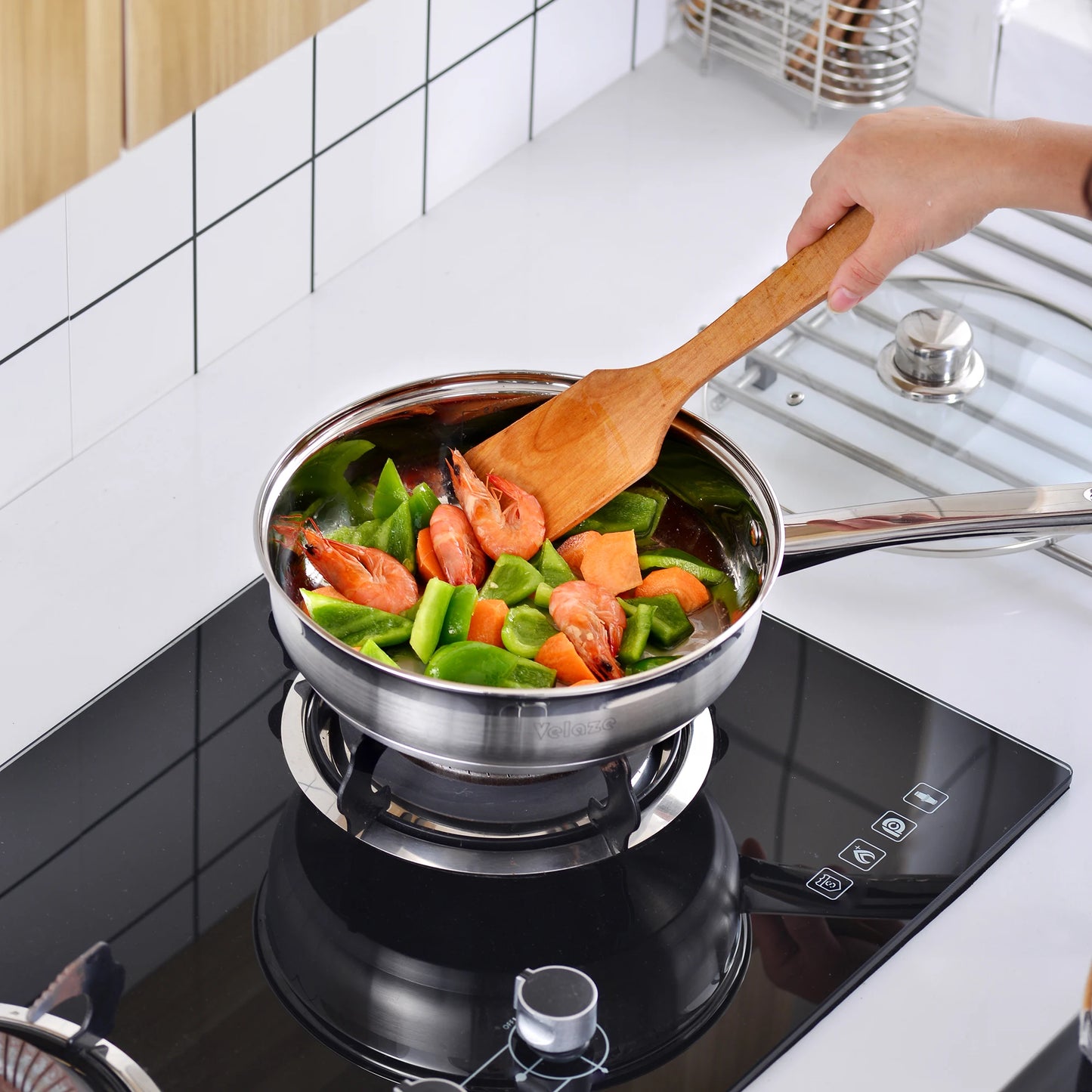 Velaze Kitchen Cookware Set 12 PCS Set Stainless Steel Cooking Pot&Pan Sets, Induction Safe, Saucepan, Casserole,with Glass lid