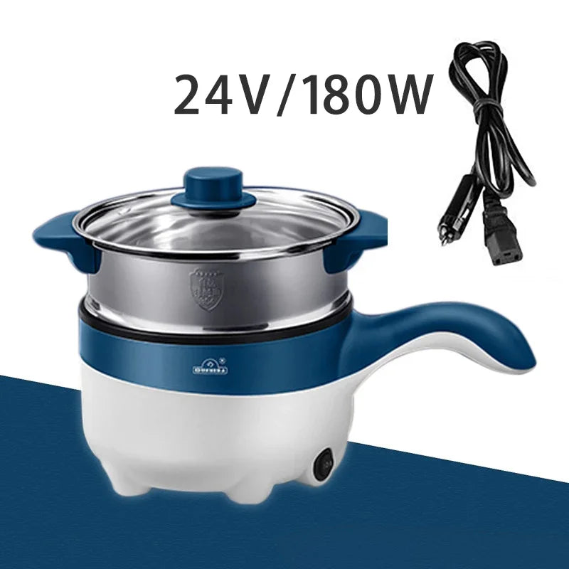 Mini 2L 12/24V Car Truck Non-stick Multifunction Electric Cooking Skillet with Streamer for Soup Fry Stew Cook Hot Pot 180W