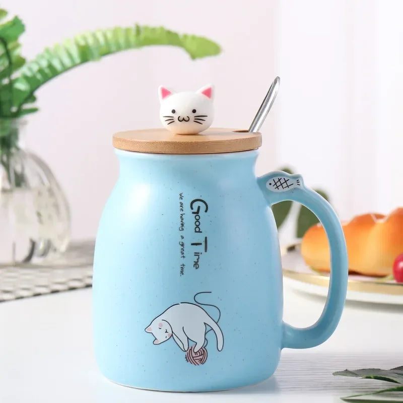 Cute Cartoon Ceramic Cup Japanese Coffee Mug with Wooden Lid and Spoon Iced Yogurt Smoothie Juice Cup Heat-resistant Water Mug