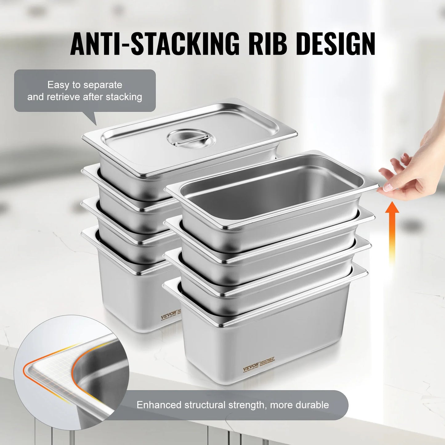 VEVOR 8 Pack Buffet Chafing Dishes 5.93L Gastronorm Pans Steam Table Pans Tray  with Lid 6-Inch Deep Catering Food Pan