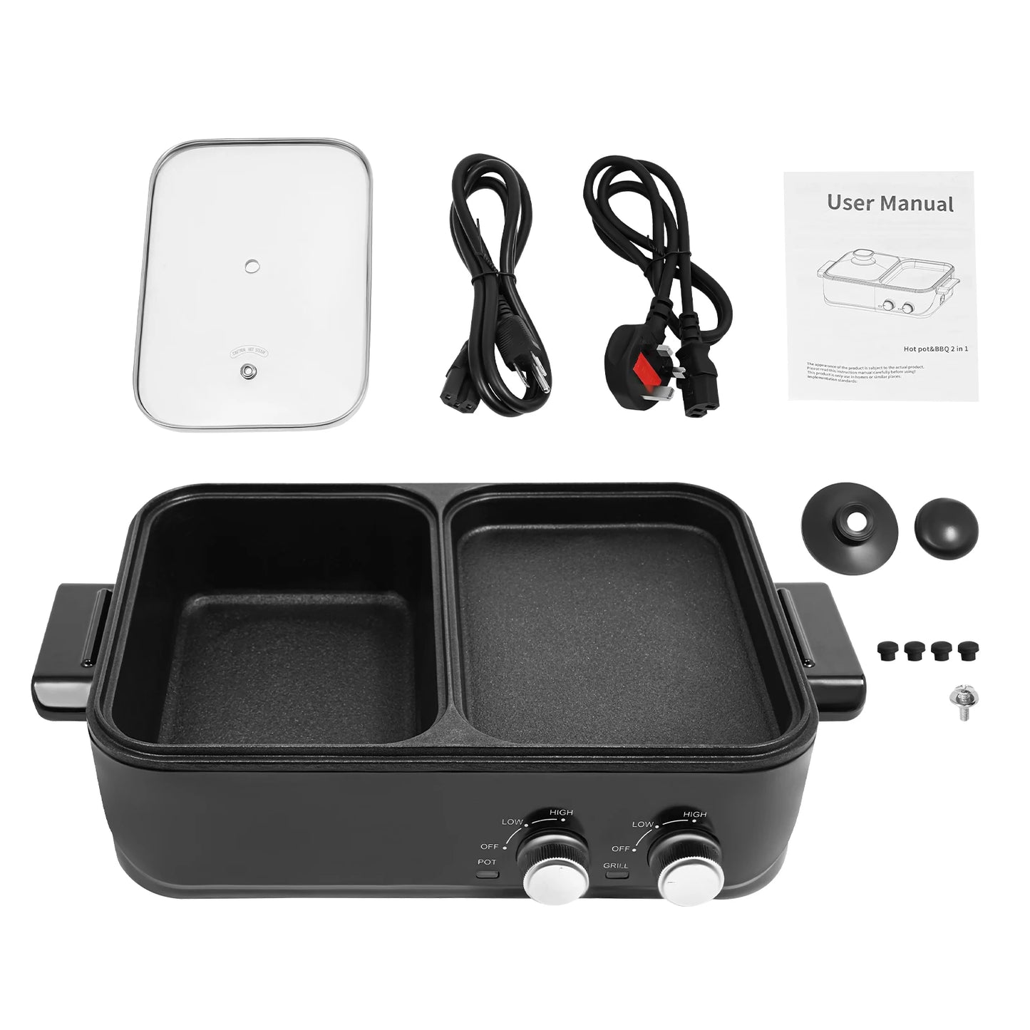1200-1500W 2-in-1 Electric Hot Pot Grill Nonstick Dual Temperature Control UK Plug Black for Indoor Family BBQ