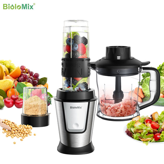 BioloMix 3-in-1 Multifunctional Food Processor 700W Portable Juicer Blender Personal Smoothie Mixer Food Chopper and Dry Grinder