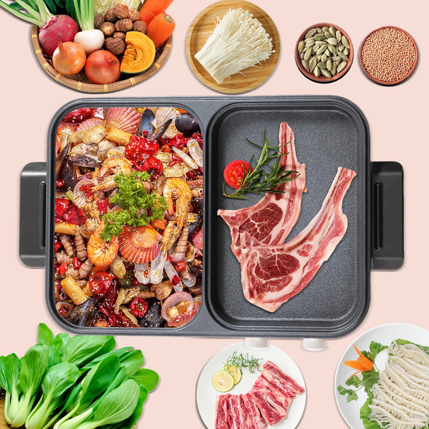 Electric Griddle and Hot Pot - Multi-Function Heating Grill and Cooking Pot