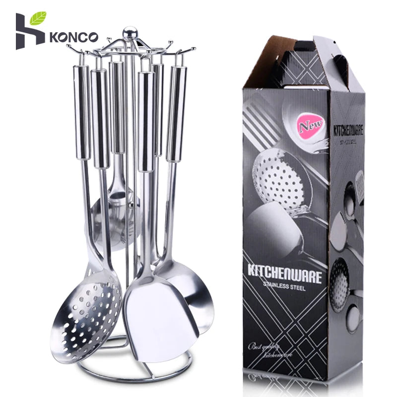 KONCO 6 Pieces Kictche Cooking Utensil Set Stainless Steel Cookware Set with Organizer Holder Stand Kitchen Cooking Tools