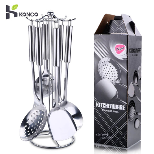 KONCO 6 Pieces Kictche Cooking Utensil Set Stainless Steel Cookware Set with Organizer Holder Stand Kitchen Cooking Tools