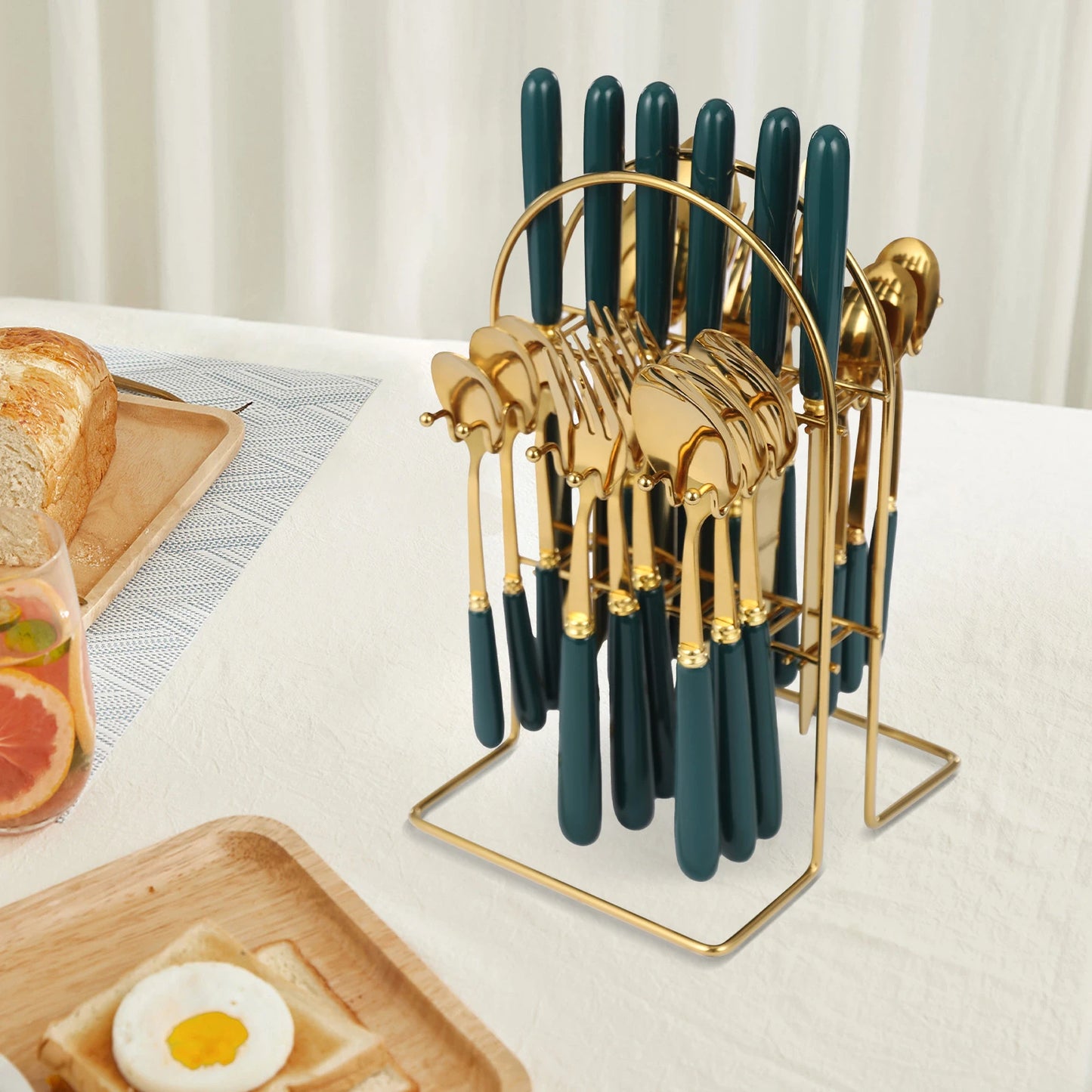 Stainless Steel Cutlery Set with Stand, Dark Green Handle, 24 PCS Cutlery Set for Kitchens