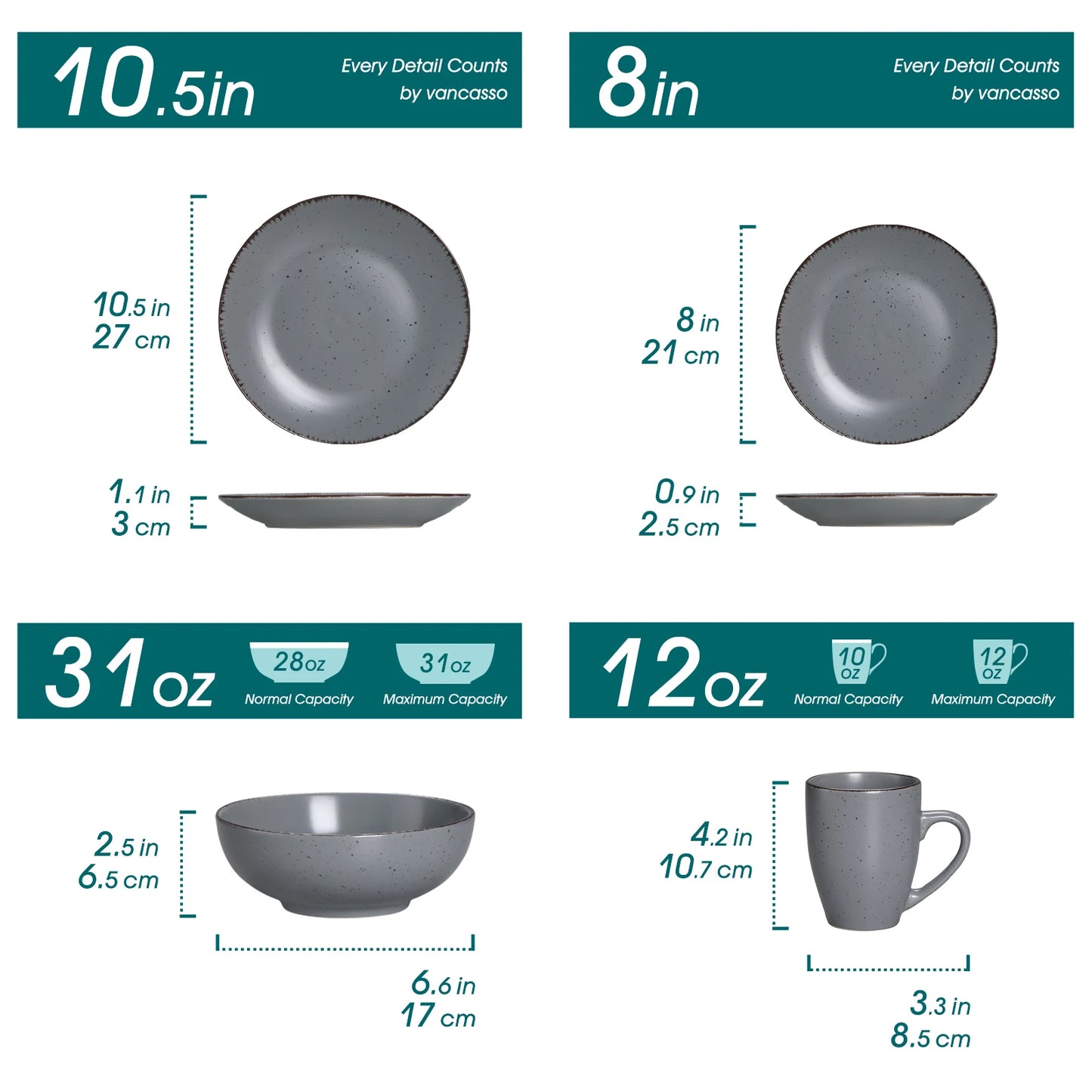 VANCASSO MODA Series 16/32/48 Piece Pottery Dinner Set Grey Stoneware Tableware Set with Dinner Plate,Dessert Plate,Bowls,Cups