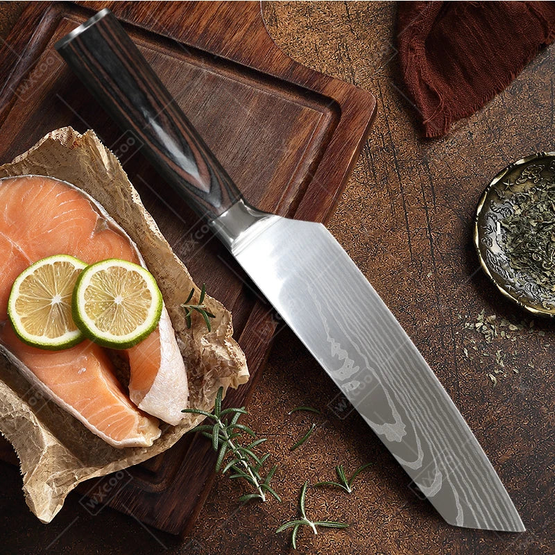 WXCOO Chef Knife Japanese Kitchen Knives Set Professional Laser Damascus Pattern Stainless Steel Meat Cleaver Slicer Knife