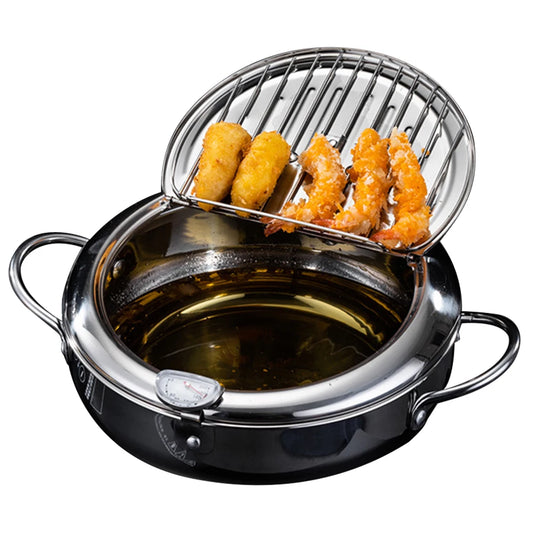 Japanese Style Deep Frying Pot with Thermometer Lid Oil Drip Drainer Rack 304 Stainless Steel Frying Chicken Pot for 2-3 People