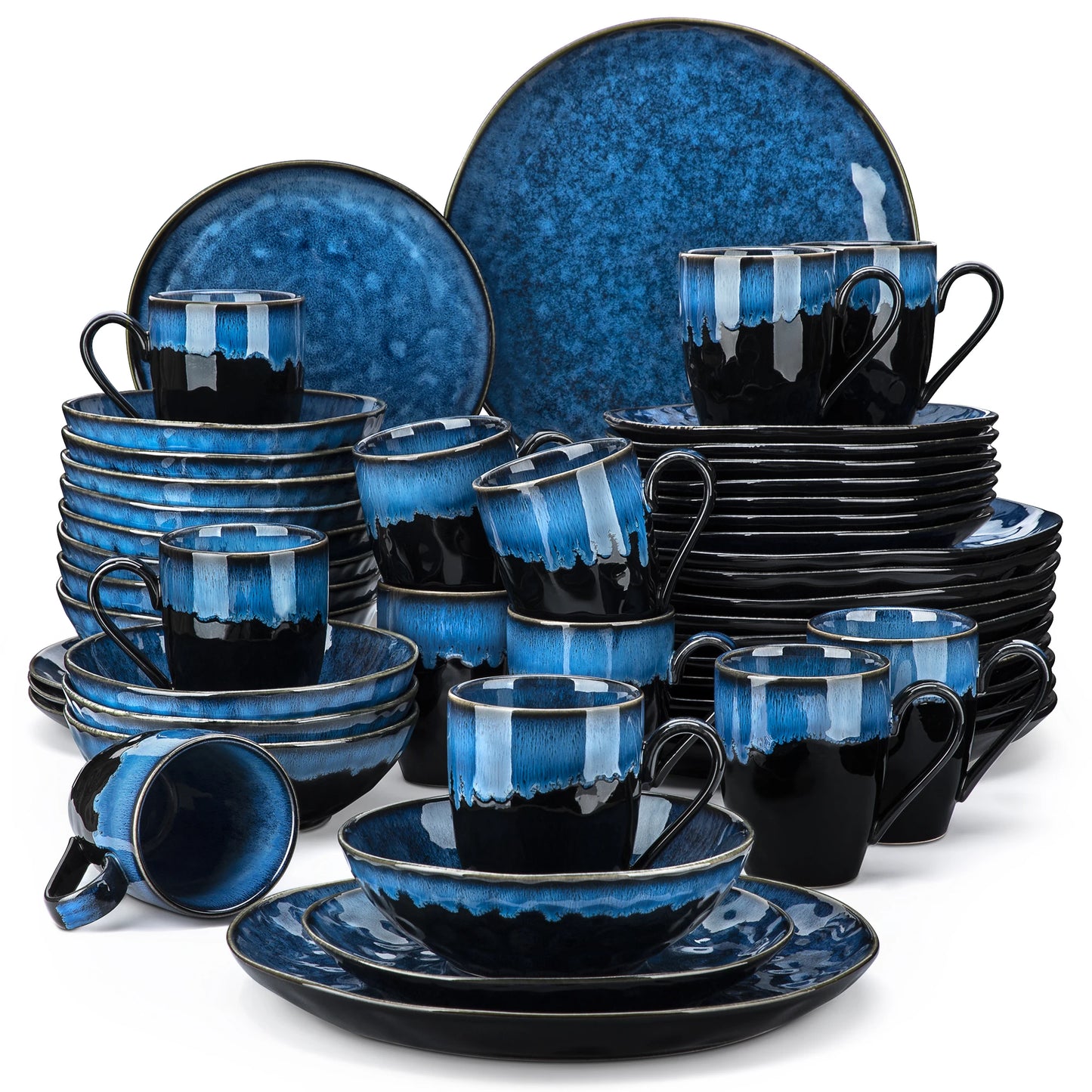 VANCASSO 16/32/48-Piece Starry Blue Dinner Set,Kiln Change Glaze Tableware Dinner Set with Dinner Plate,Dessert Plate,Bowl,Mug