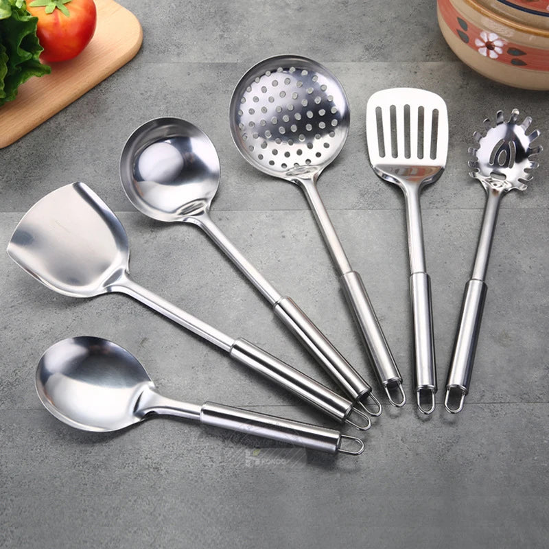 KONCO 6 Pieces Kictche Cooking Utensil Set Stainless Steel Cookware Set with Organizer Holder Stand Kitchen Cooking Tools