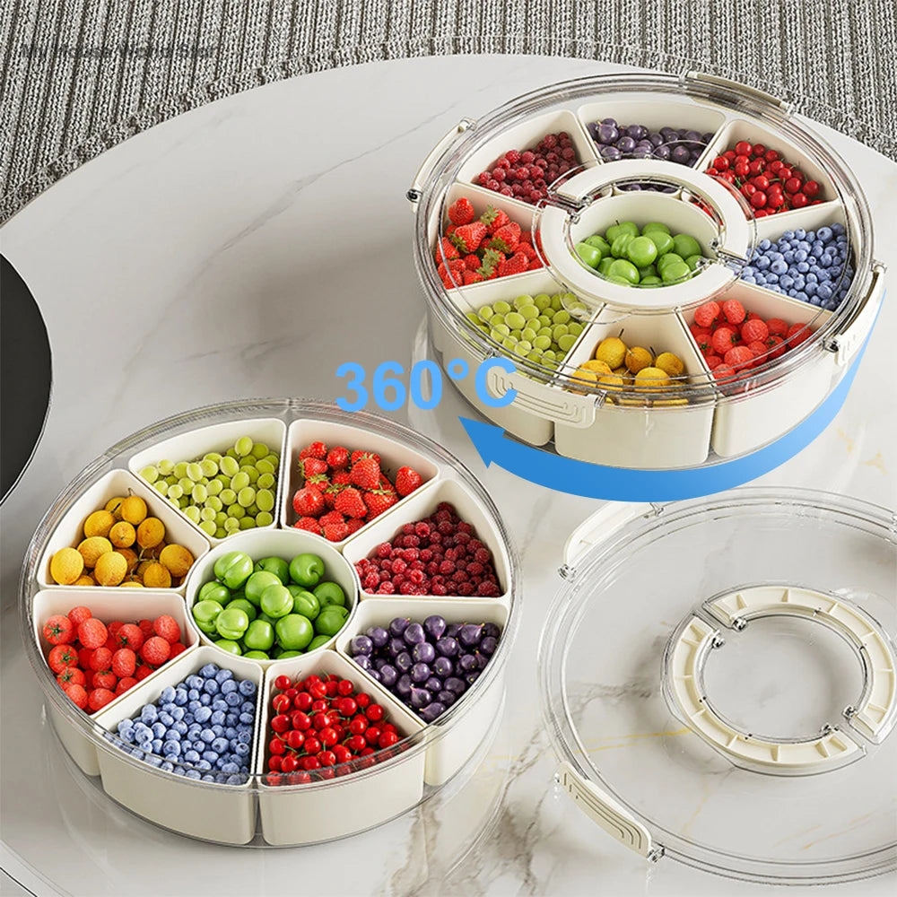 Divided Rotating Serving Tray with Lid & Handle Portable Snackle Box for Fruits Snacks Veggie Charcuterie Clear Snack Organizer