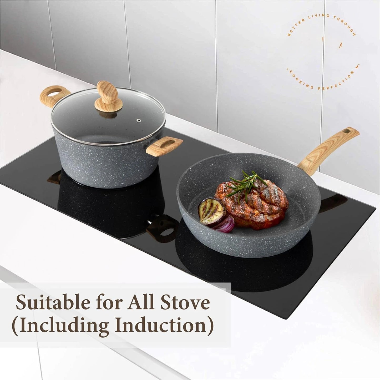 Induction Cookware Sets - 12 Piece Cooking Pan Set, Gray Granite Nonstick Pots and Pans , Induction Hob Pans