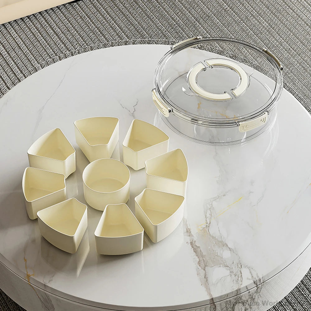 Divided Rotating Serving Tray with Lid & Handle Portable Snackle Box for Fruits Snacks Veggie Charcuterie Clear Snack Organizer