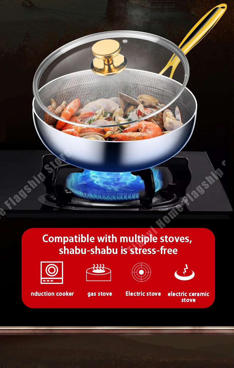 316 Stainless Steel Frying Pan Wok Non-stick Cooking Honeycomb Steak Gas Stove Pot Induction General Saucepan Kitchen Cookware