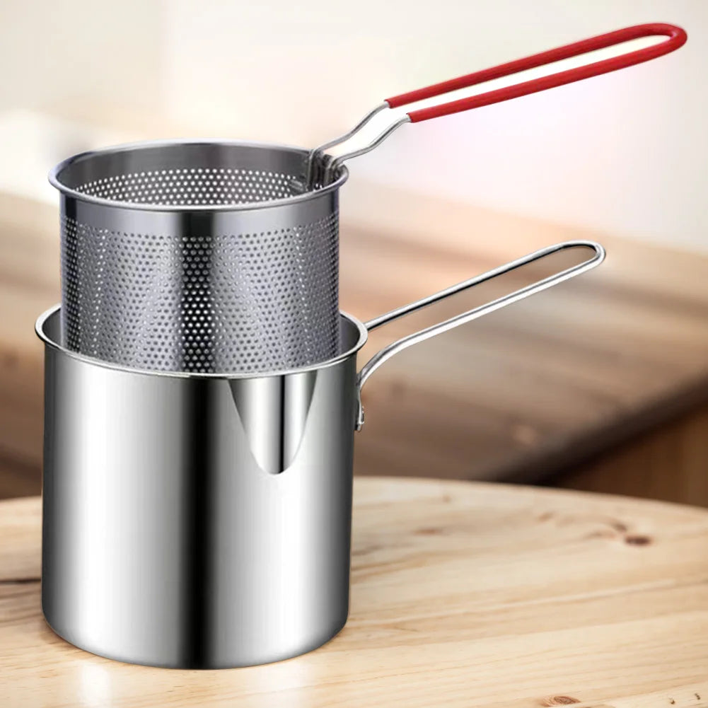 Tempura Small Deep Frying Pan with Strainer Basket Stainless Steel Deep Fryer Pot Portable Cooking Pot for Kitchen Fried Chicken