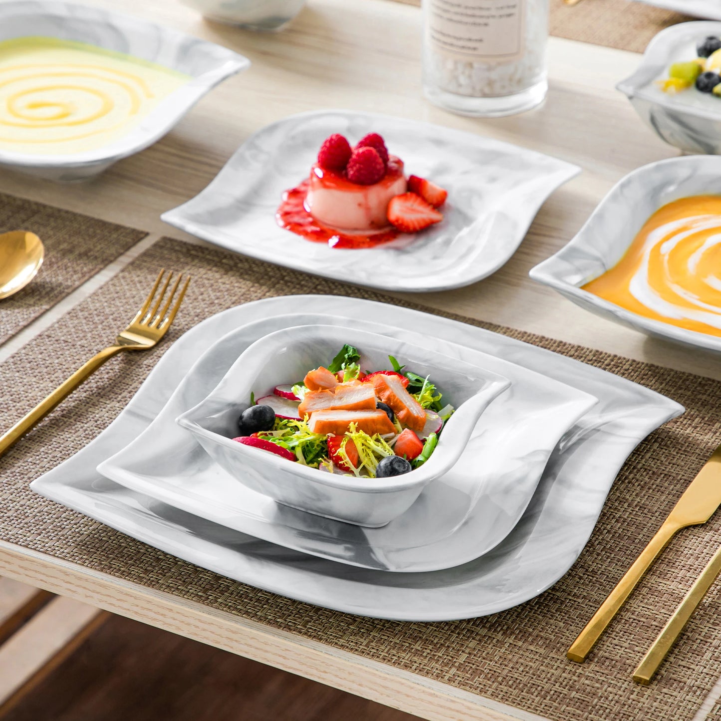 MALACASA 24/48 Piece Marble Grey Porcelain Dinnerware Sets Plates Dinner Sets with 6pcs Dinner Plate/Dessert/Soup Plate/Bowl