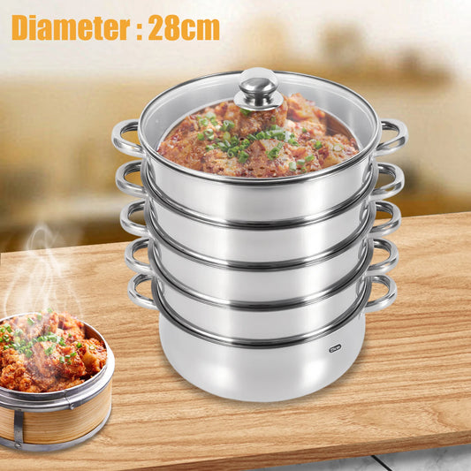 5 Tier Stainless Steel Steam Cooker Steamer Set Pan Cook Pot with Glass Lid