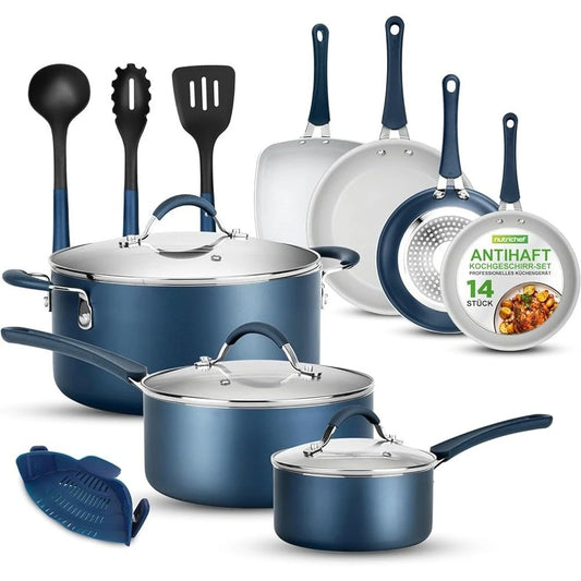 14-Piece Non-Stick Cookware Set Ceramic Induction Pots Pans Heat Resistant with Lids Glass Vent Cool Touch Handles Utensils